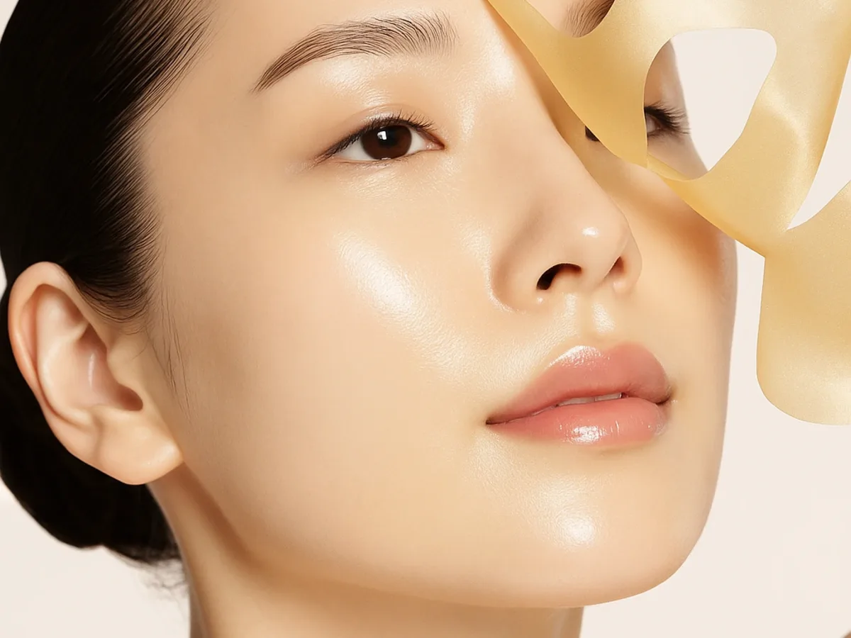 피부에 PQ10 하이드로겔 골드마스크를 붙인 모습